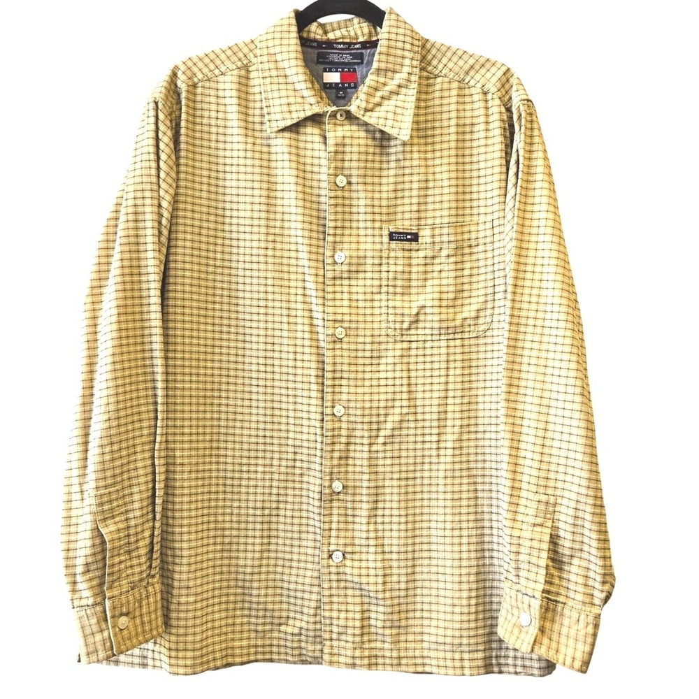 Tommy Jeans Button Down Shirt Vintage Y2K Corduroy Plaid M Yellow Long Sleeve